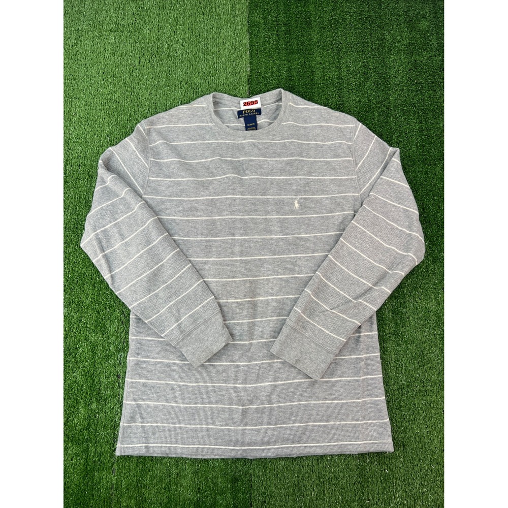 Polo Ralph Lauren Mens XL Gray White Striped Waffle Knit Thermal Long Sleeve Tee